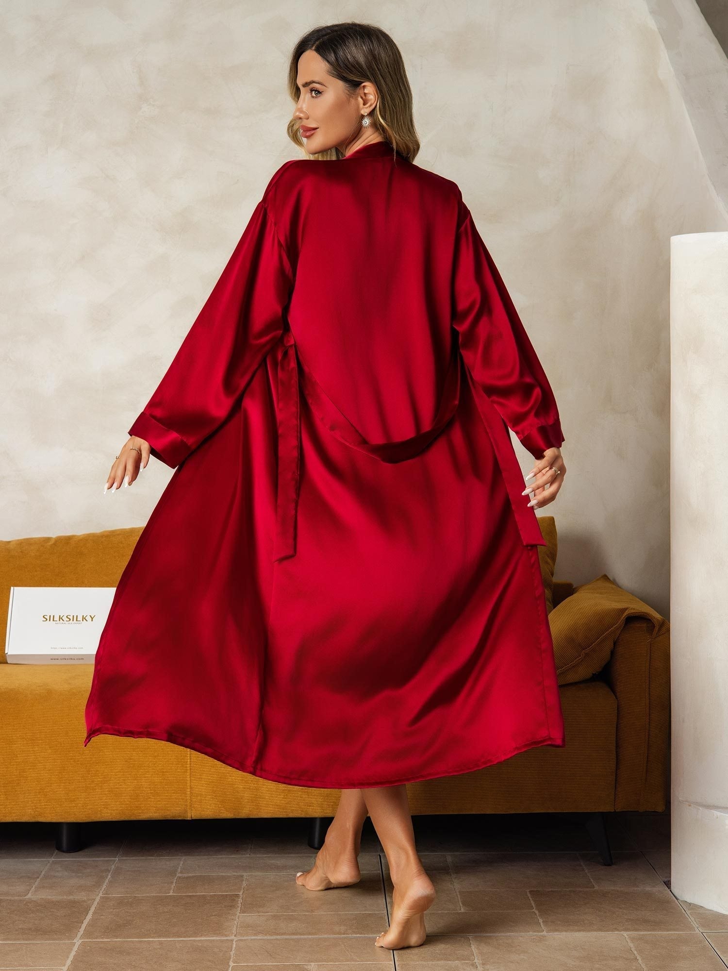 [Wine] SilkSilky-UK Long Sleeve V Neck Nightdress&Dressing gowns 003