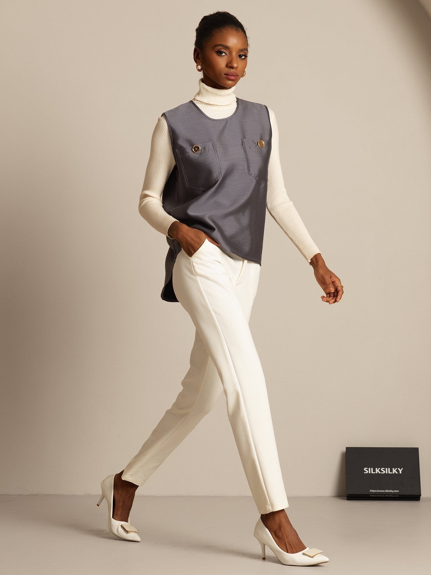 [Gray] SilkSilky-UK 32Momme Silk-Wool Blend Womens Vest 005,