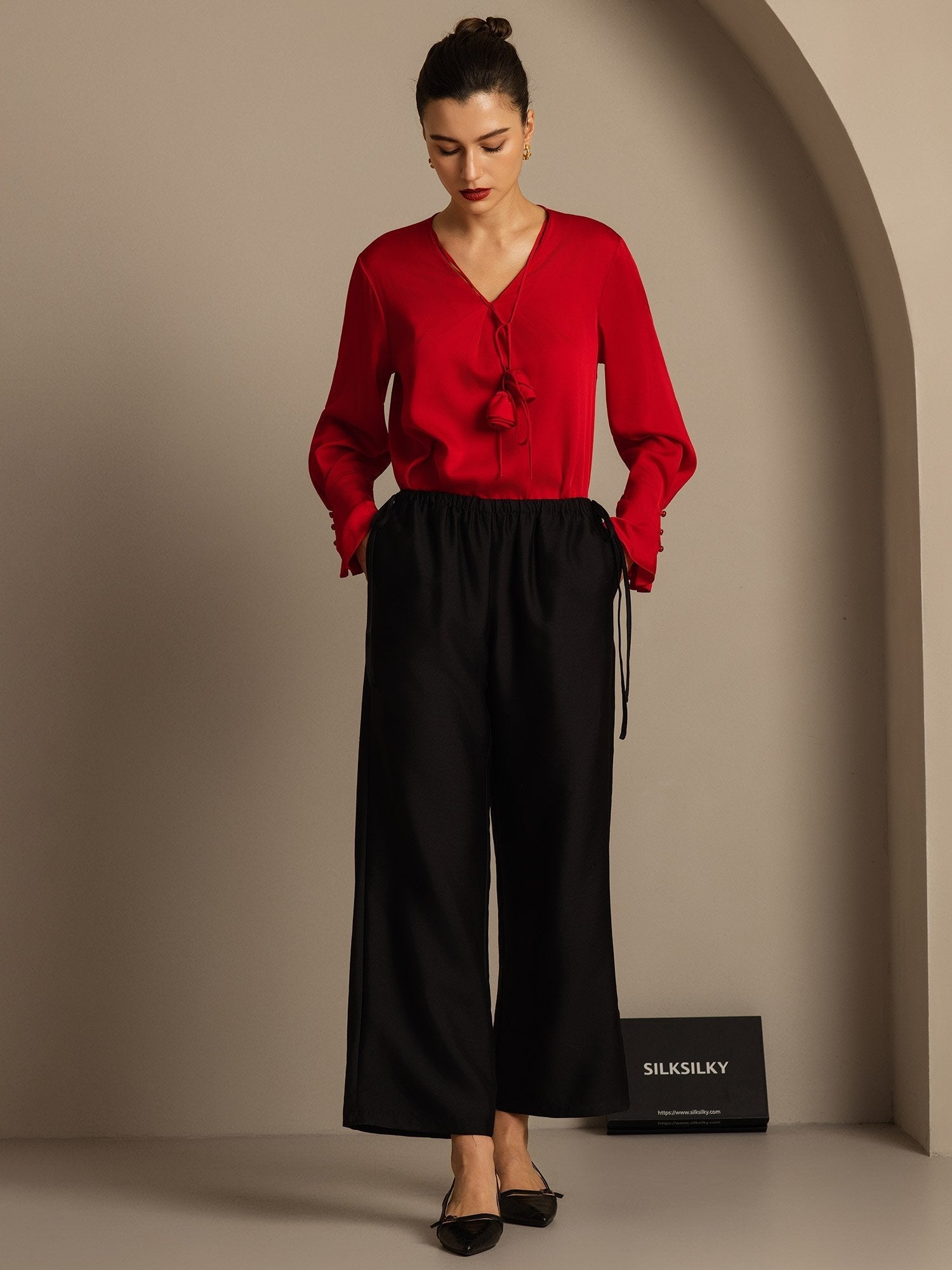 [Black] SilkSilky-UK 32Momme Silk-Wool Blend Womens Pants 005,