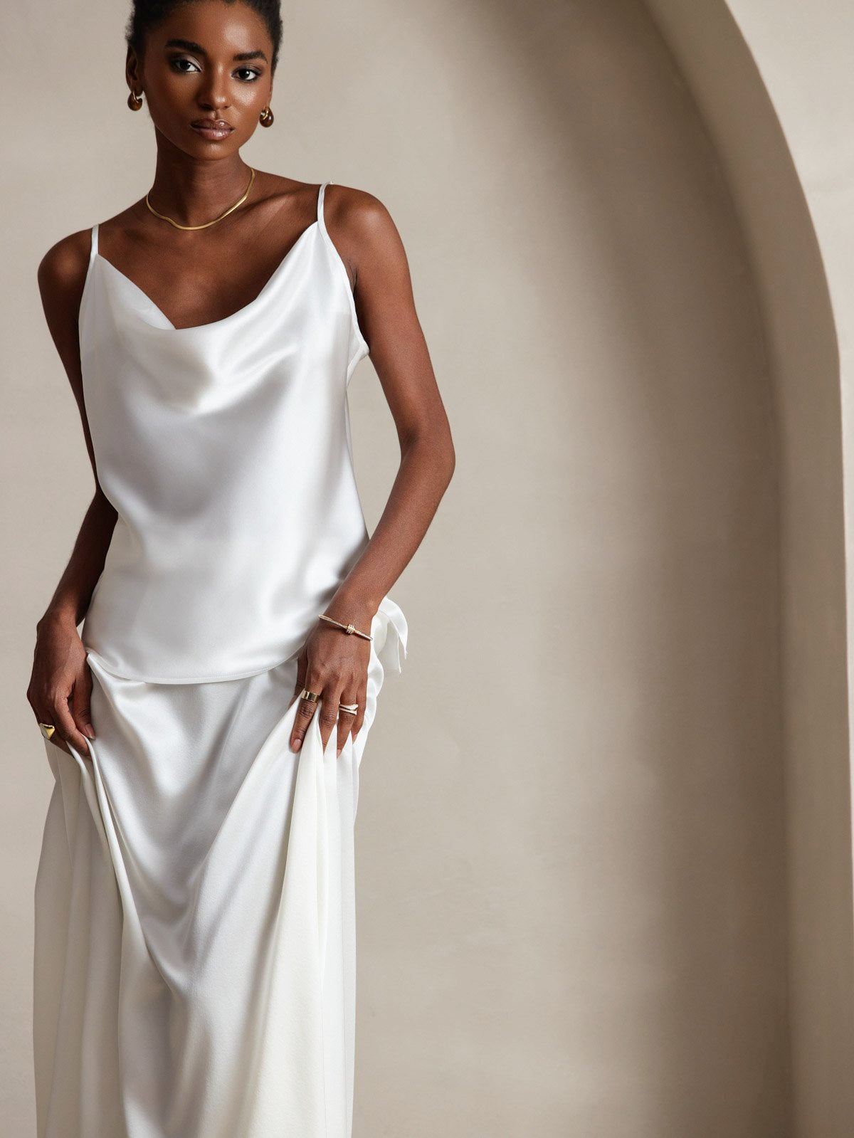 [White] SilkSilky-UK 19Momme Silk Spaghetti Strap Cowl Neck Camisole 003