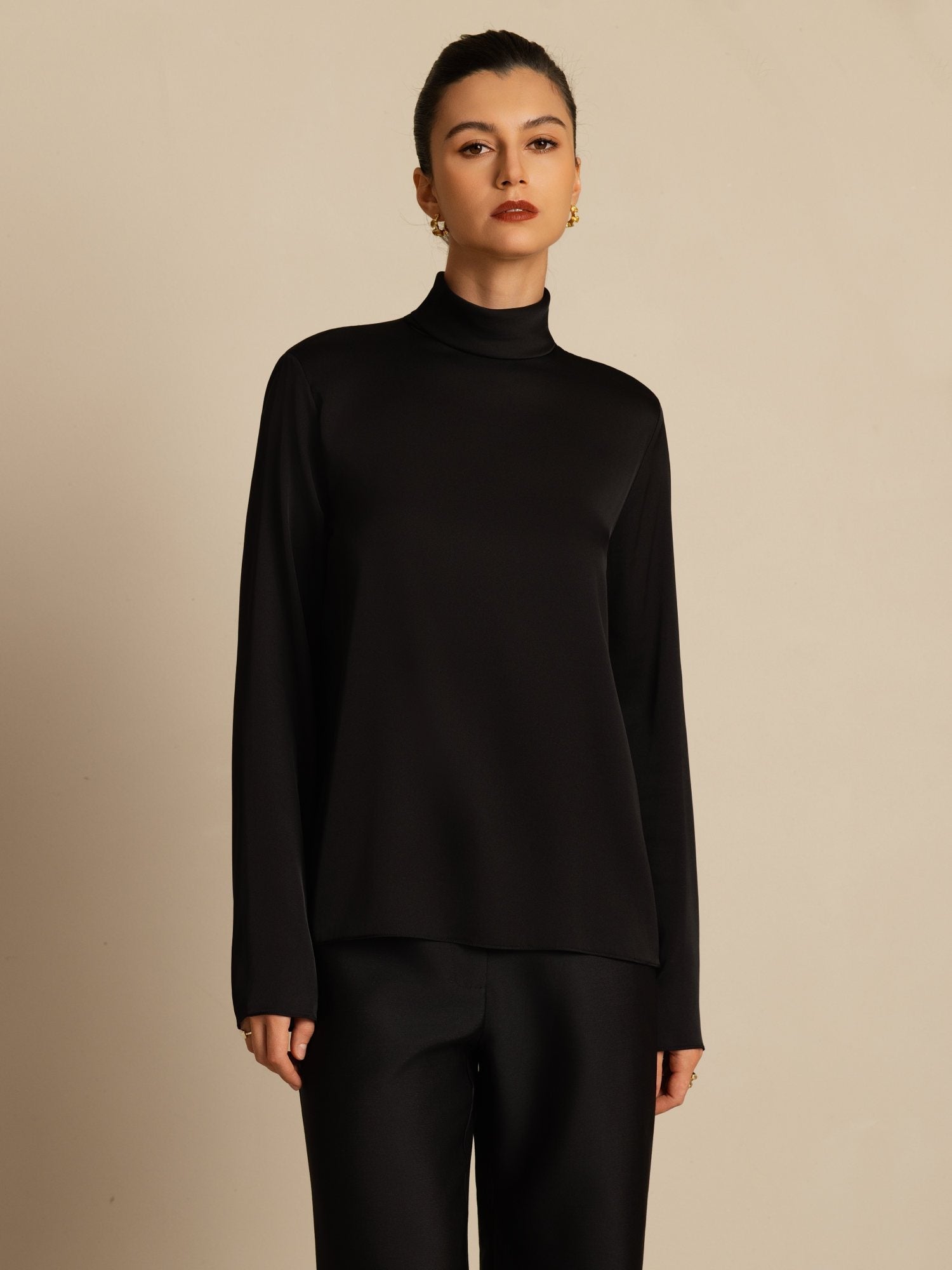 [Black] SilkSilky-UK 19Momme Silk Long Sleeve Turtle Neck Women's T-Shirt 003