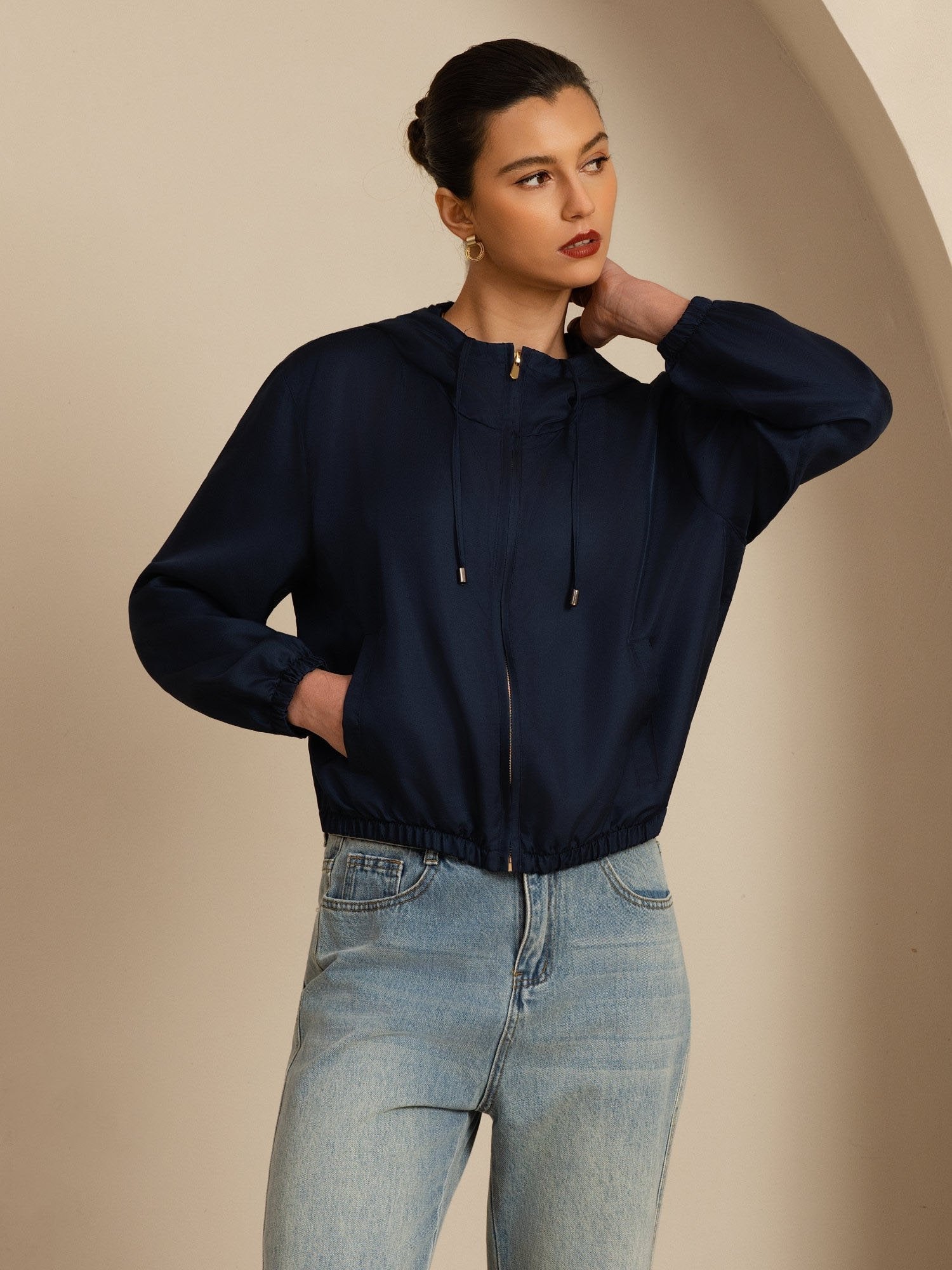 [DarkBlue] SilkSilky-UK 18Momme Silk Satin Surah Long Sleeve Stand Collar Women's Outerwear 001