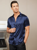 SilkSilky UK Silk Short Sleeve Collar Men's Shirt DarkBlue 005