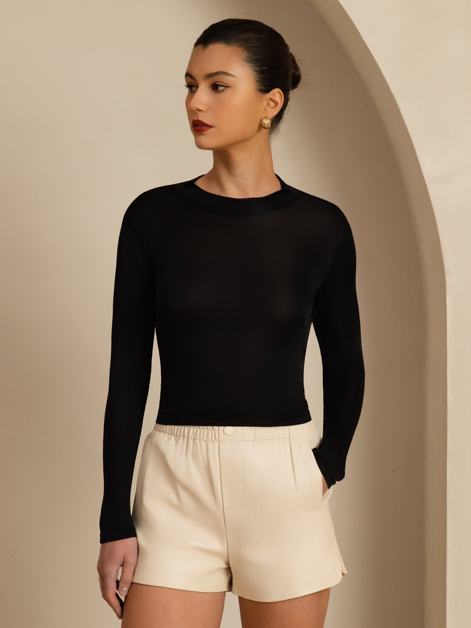 [Black] SilkSilky-UK 100% Silk Jersey Long Sleeve Mock Neck Women's T-Shirt 004