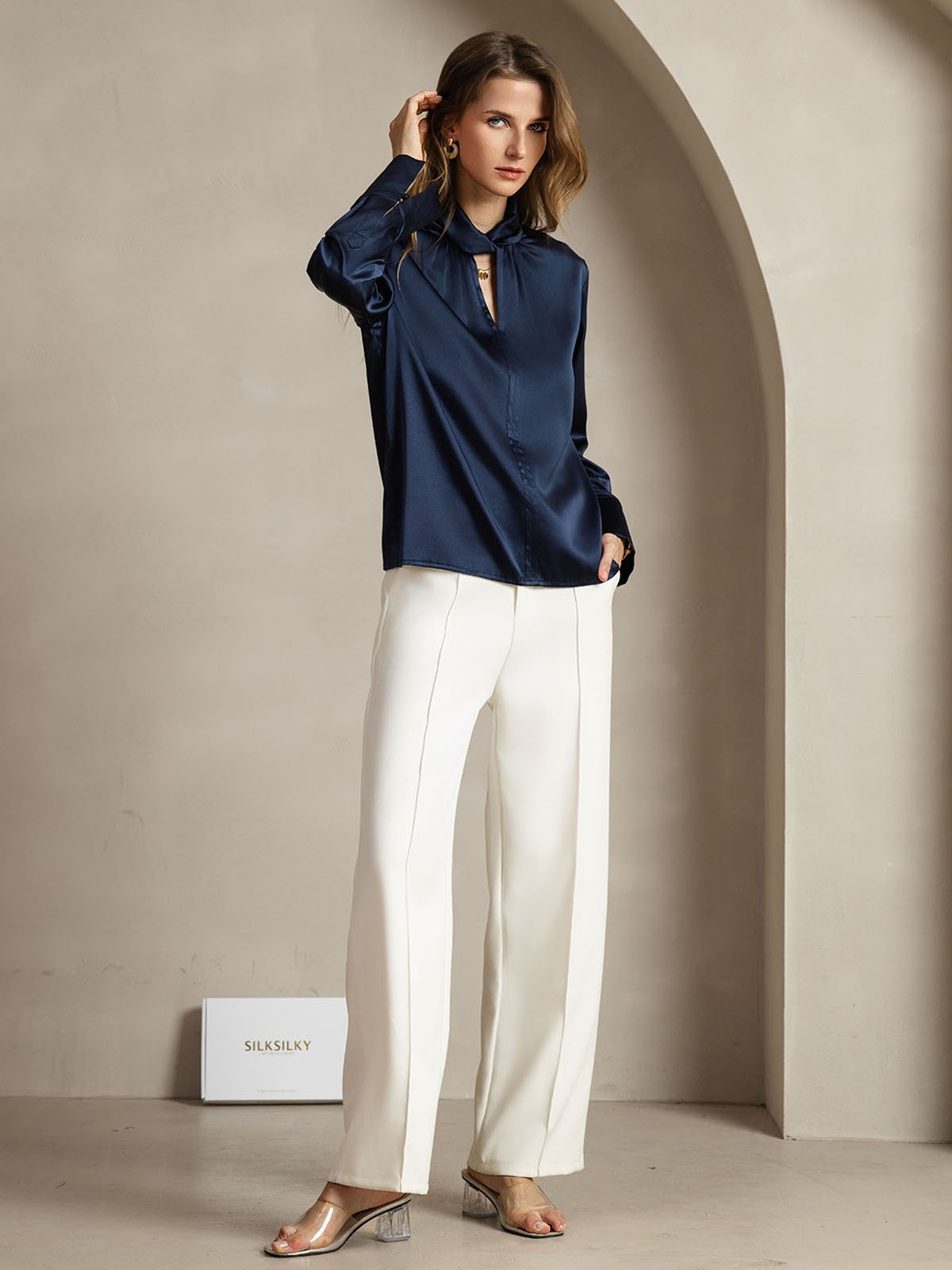 [DarkBlue] SilkSilky-UK 19Momme Silk Keyhole Neck Women's Shirt 007
