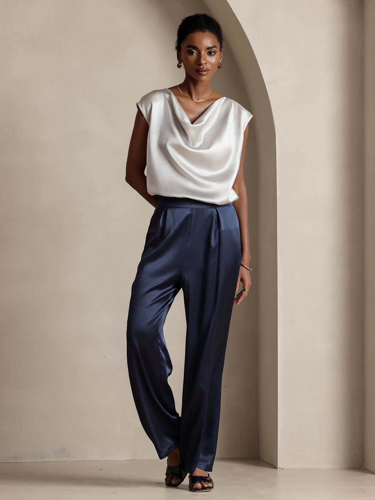 [Light Gray] SilkSilky-UK 19Momme Silk Cap Sleeve Cowl Neck Women's T-Shirt 004