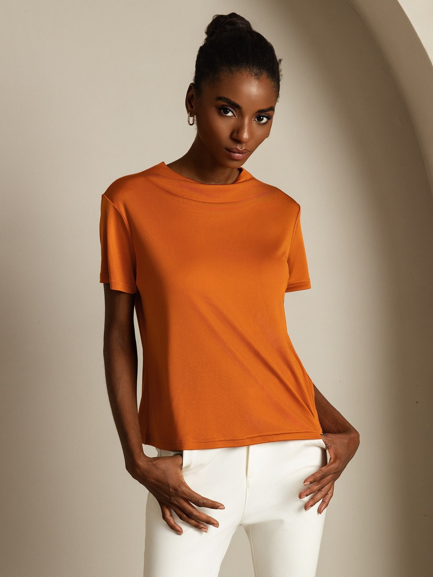 [Orange] SilkSilky-UK Pure Silk Collar Women's T-Shirt 004