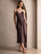 [Coffee] SilkSilky-UK Spaghetti Strap V Neck Dress 001