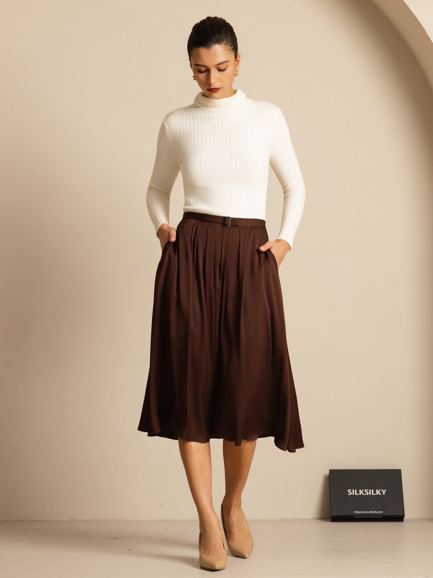 [Bitter Chocolate] SilkSilky-UK 19Momme Stretch Silk Double Georgette Skirt 005