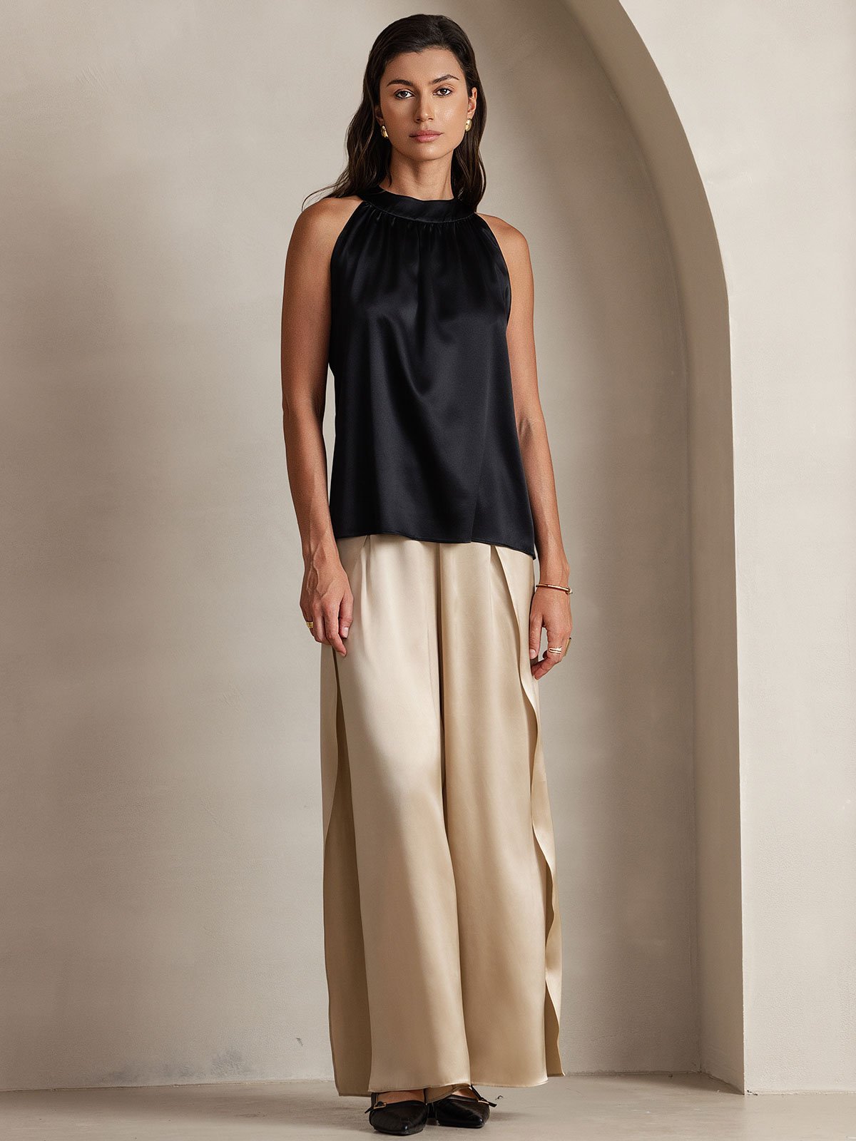 [Black] SilkSilky-UK 19Momme Silk Sleeveless Halter Neck Women's T-Shirt 001