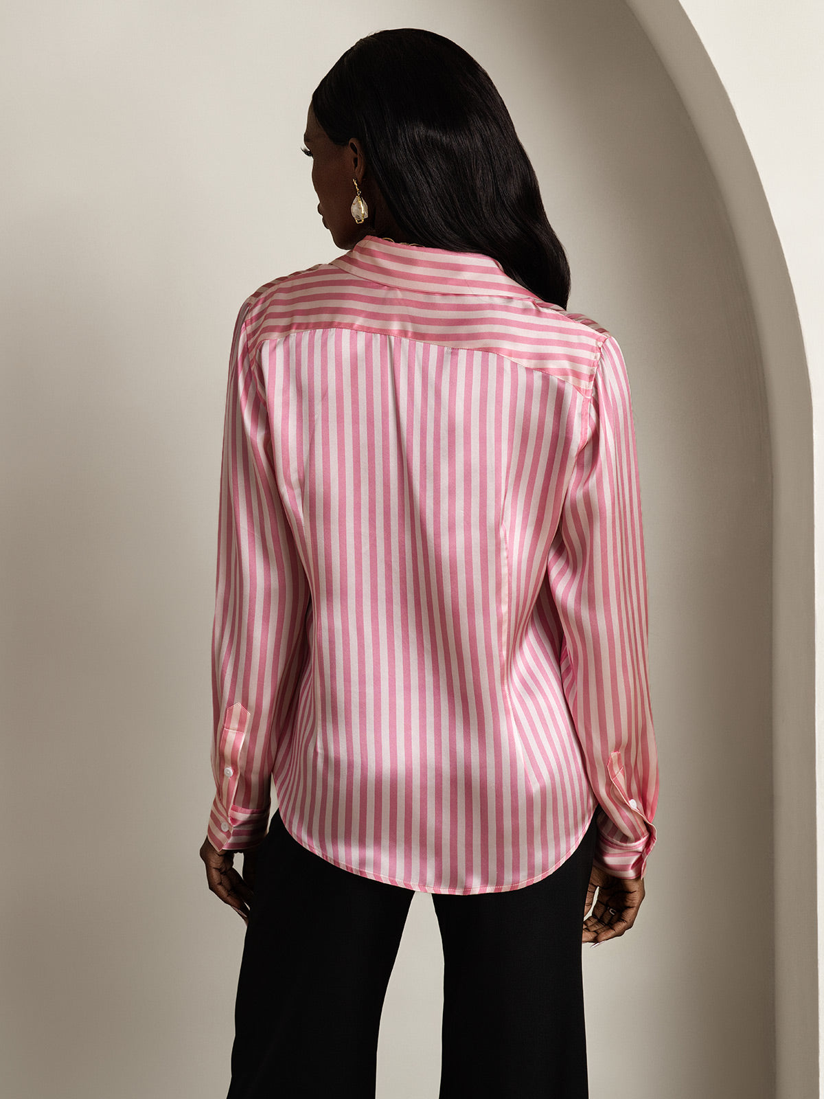 [Pink Stripe] SilkSilky-UK Silk Long Sleeve Collar Women's Shirt 002