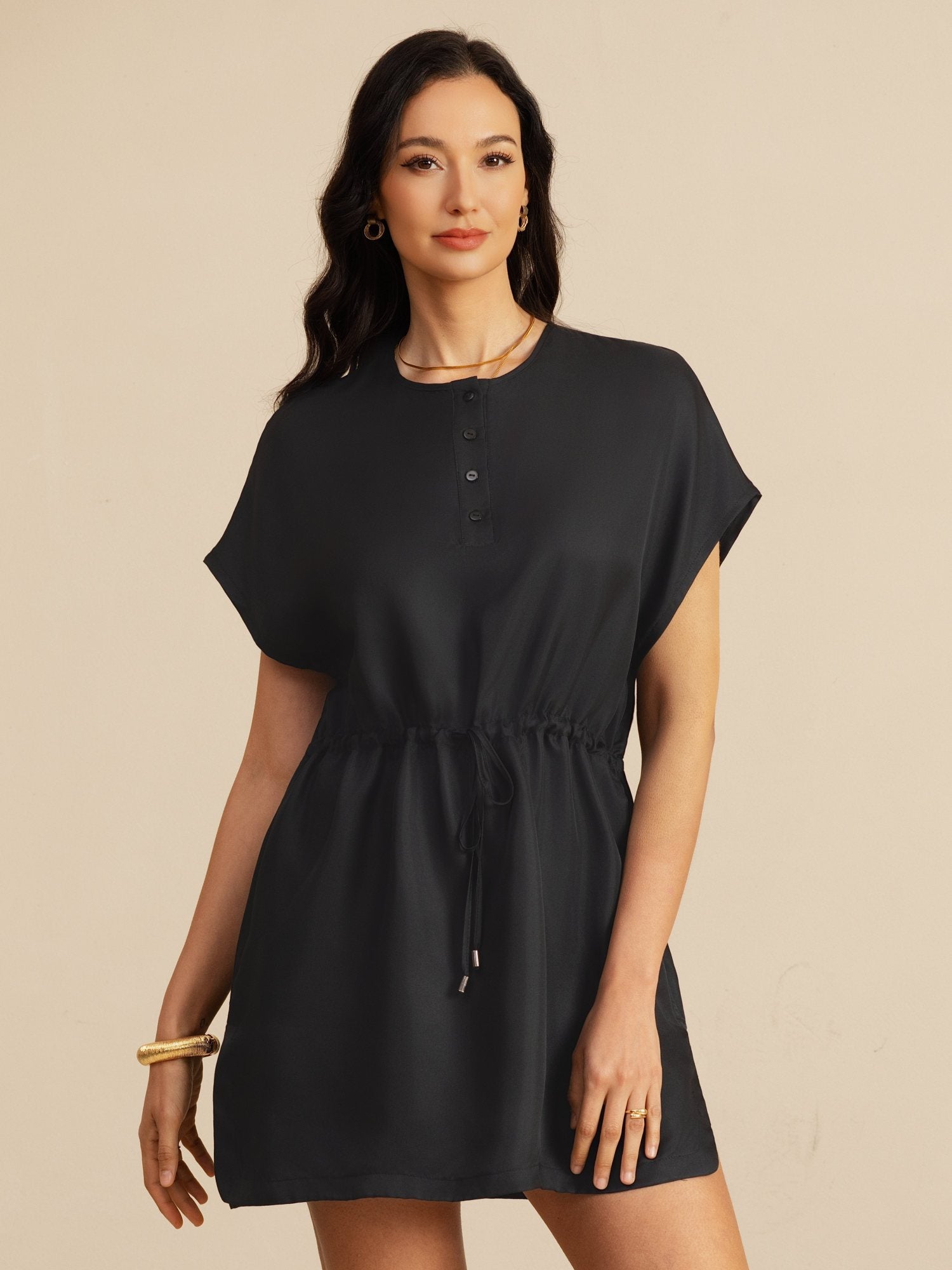 [Black] SilkSilky-UK 18Momme Silk Satin Surah Cap Sleeve Henley Neck Dress 003