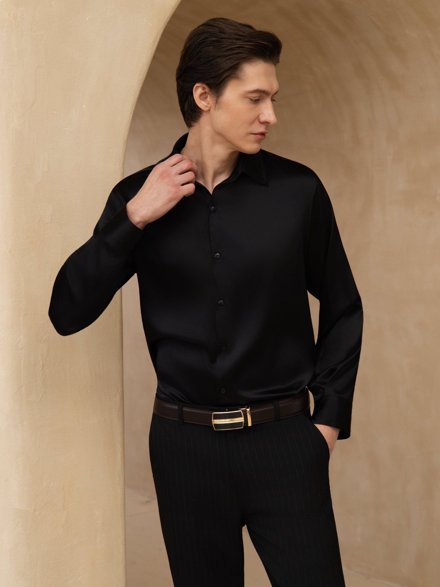 [Black] SilkSilky-UK 19Momme Stretch Silk Charmeuse Long Sleeve Lapel Collar Men's Shirt 005