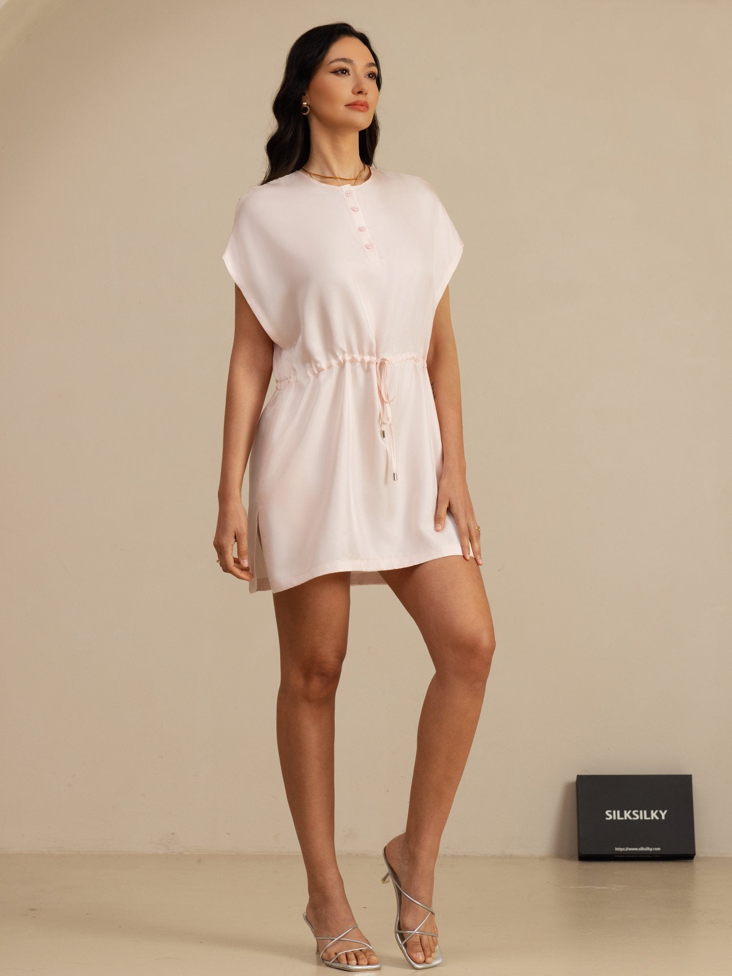 [Pink] SilkSilky-UK 18Momme Silk Satin Surah Cap Sleeve Henley Neck Dress 006