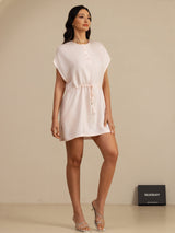 [Pink] SilkSilky-UK 18Momme Silk Satin Surah Cap Sleeve Henley Neck Dress 006