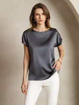 [Dark Gray] SilkSilky-UK Short Sleeve Boat Neck Women's T-Shirt 004