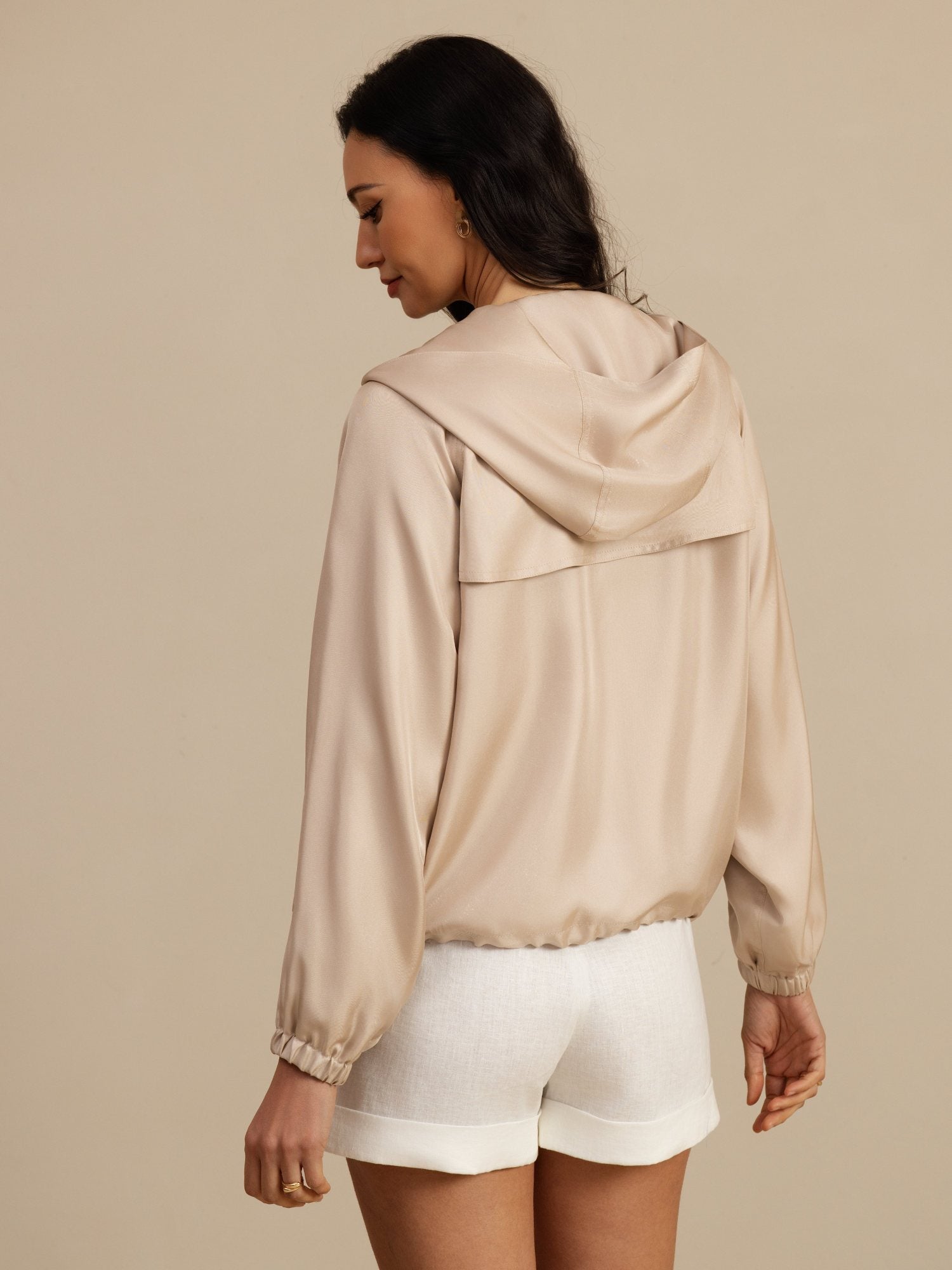 [Tan] SilkSilky-UK Silk Satin Surah Long Sleeve High Neck Women's Outerwear 002