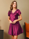 SilkSilky UK Pure Silk Short Sleeve V Neck Nightdress Wine 004