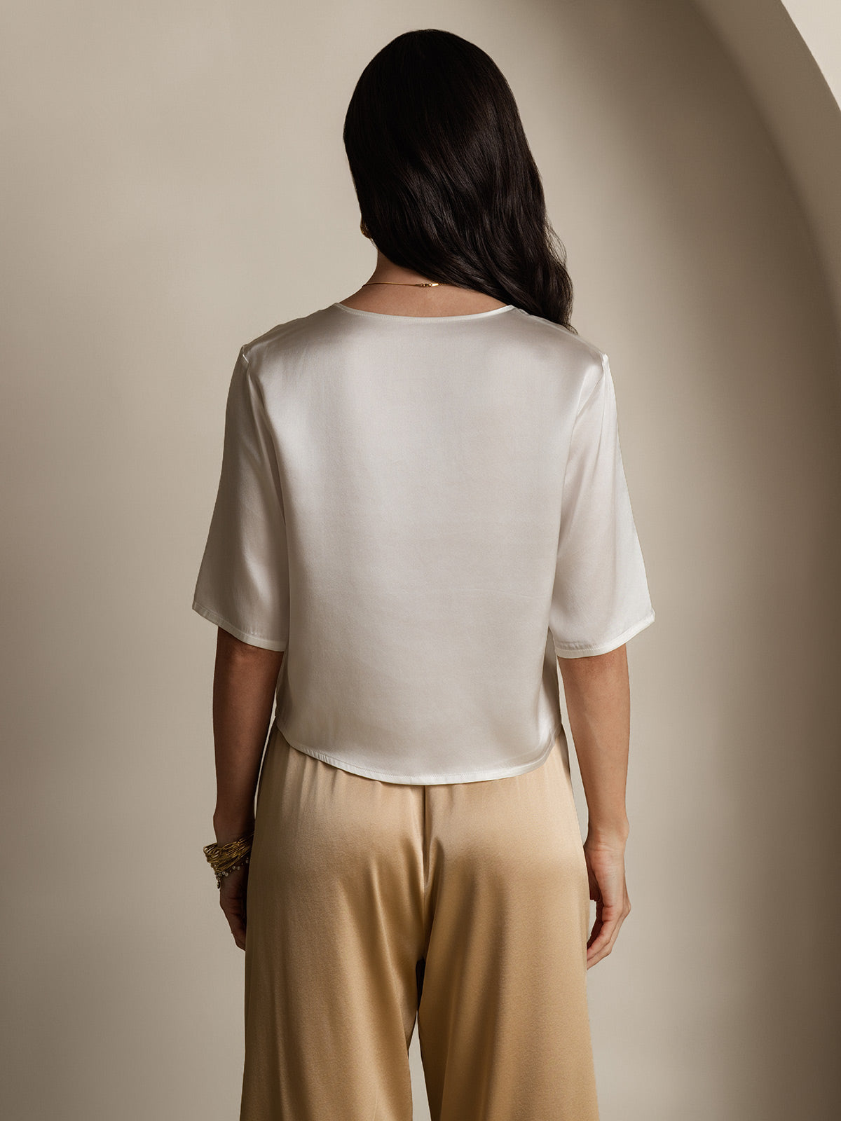 SilkSilky-UK Pure Silk Half Sleeve Boat Neck Women's T-Shirt White 002