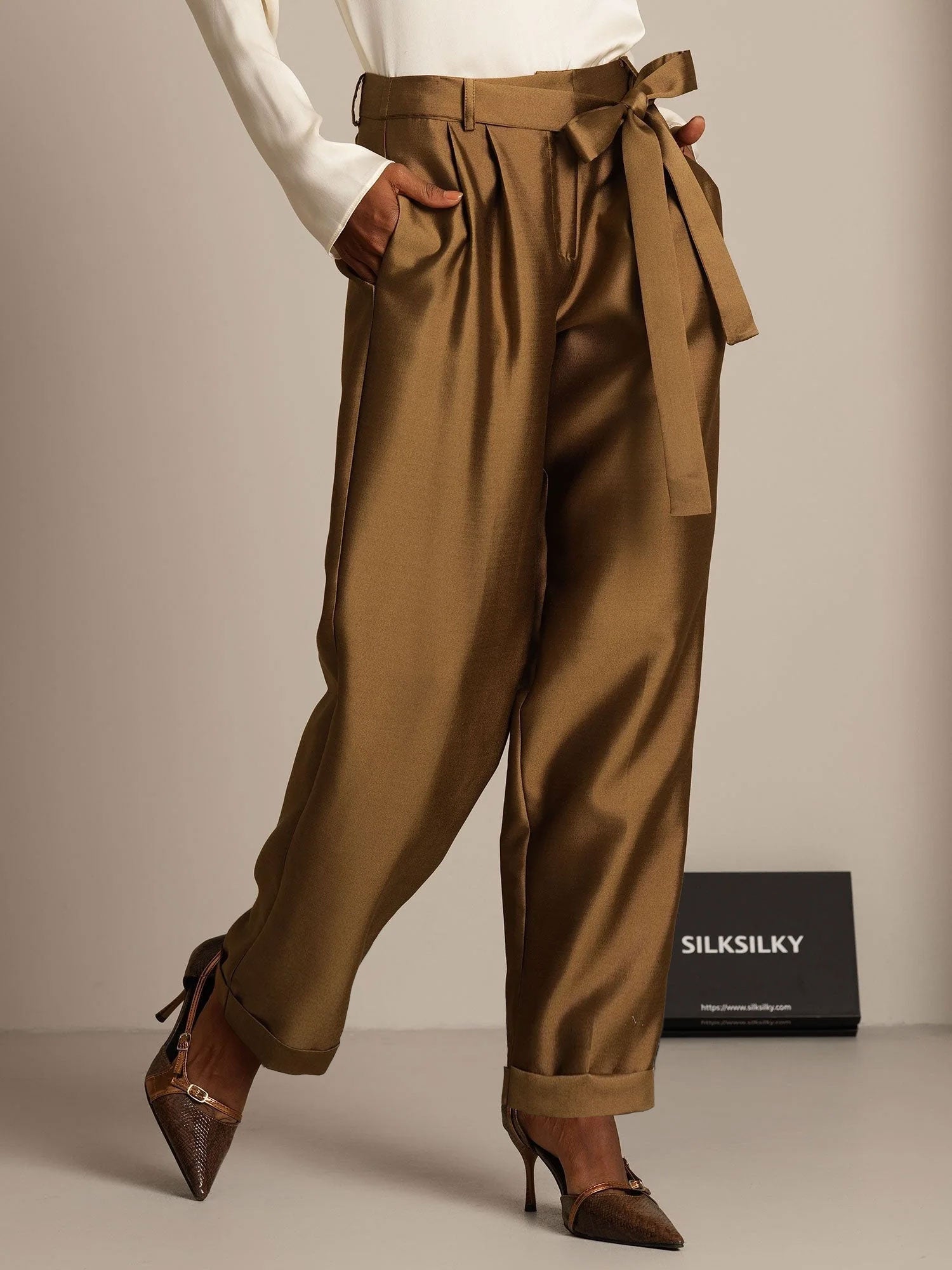 [Bronze] SilkSilky-UK 32Momme Silk-Wool Blend Womens Pants 006,