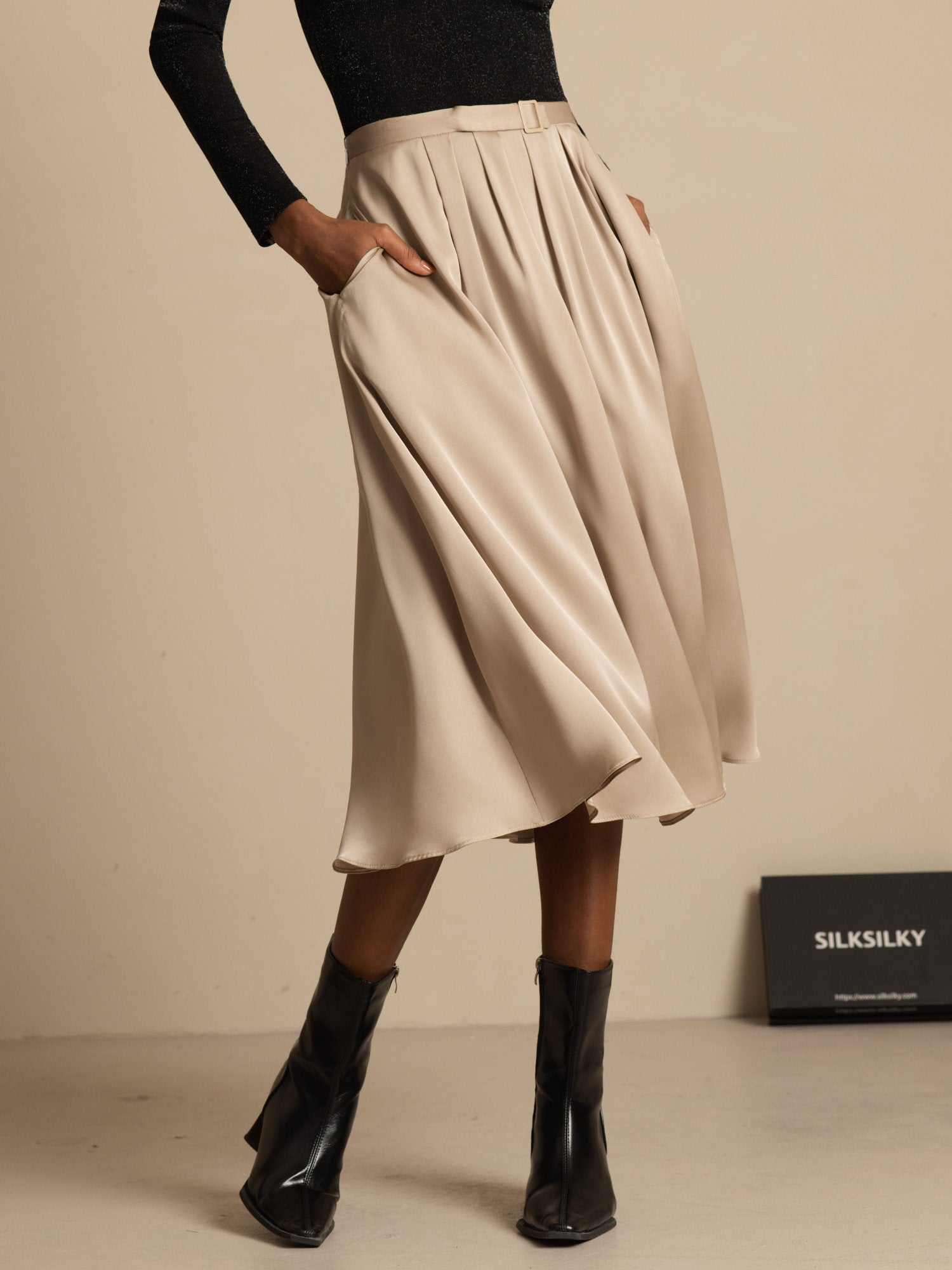 [Tan] SilkSilky-UK 19Momme Stretch Silk Double Georgette Skirt 003