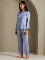 [Steel Blue] SilkSilky-UK Long Sleeve Lapel Collar Women's Pyjamas 006