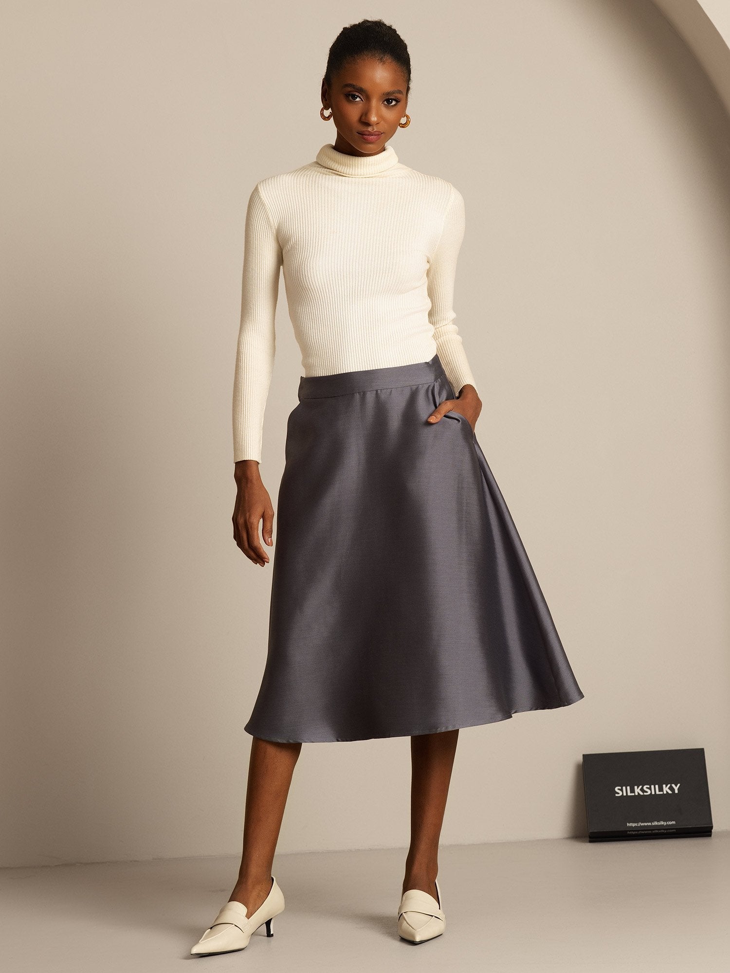 [Gray] SilkSilky-UK 32Momme Silk-Wool Blend Skirt 006,