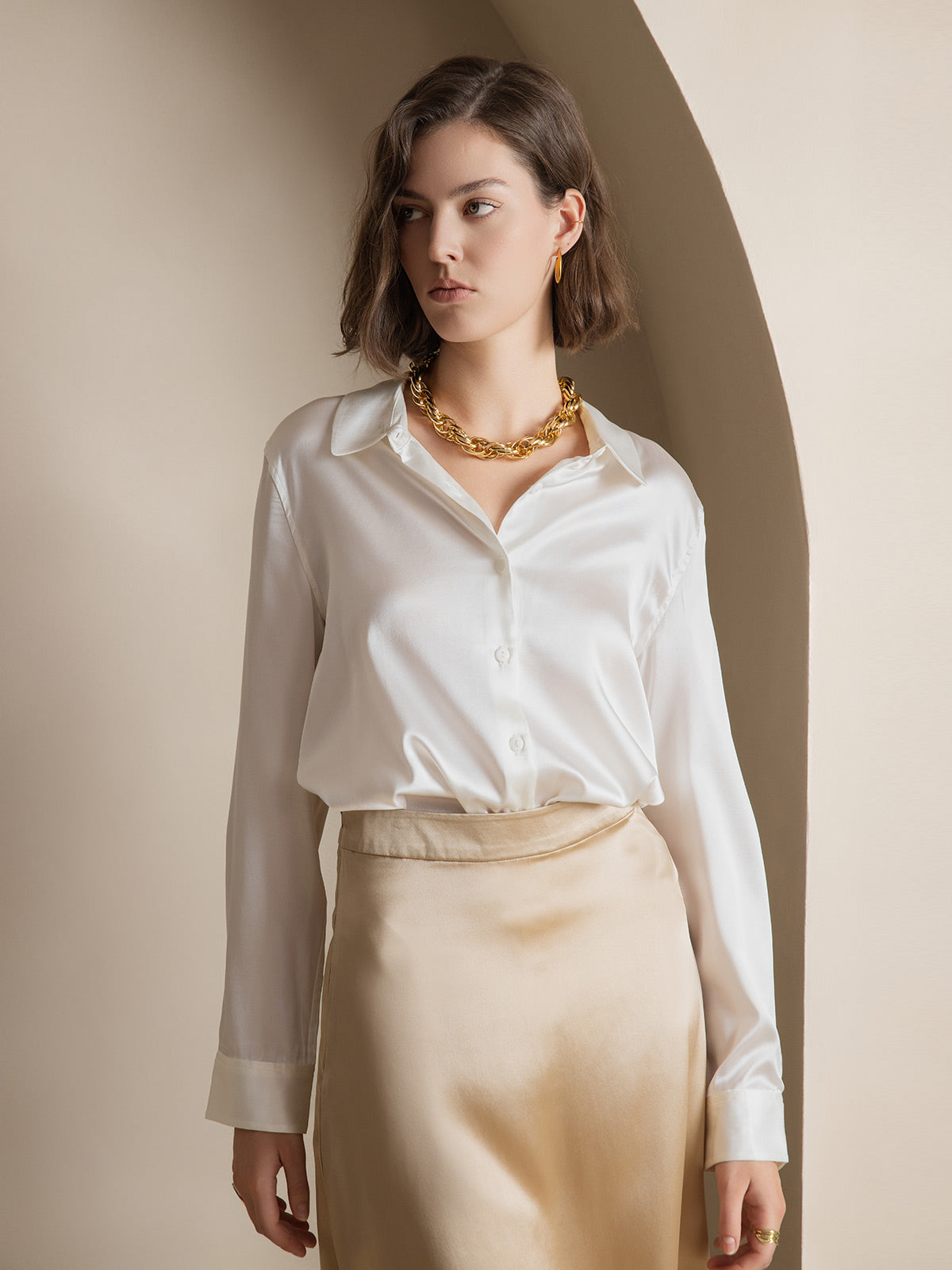 [White] SilkSilky-UK 19Momme Stretch Silk Charmeuse Long Sleeve Lapel Collar Women's Shirt 001