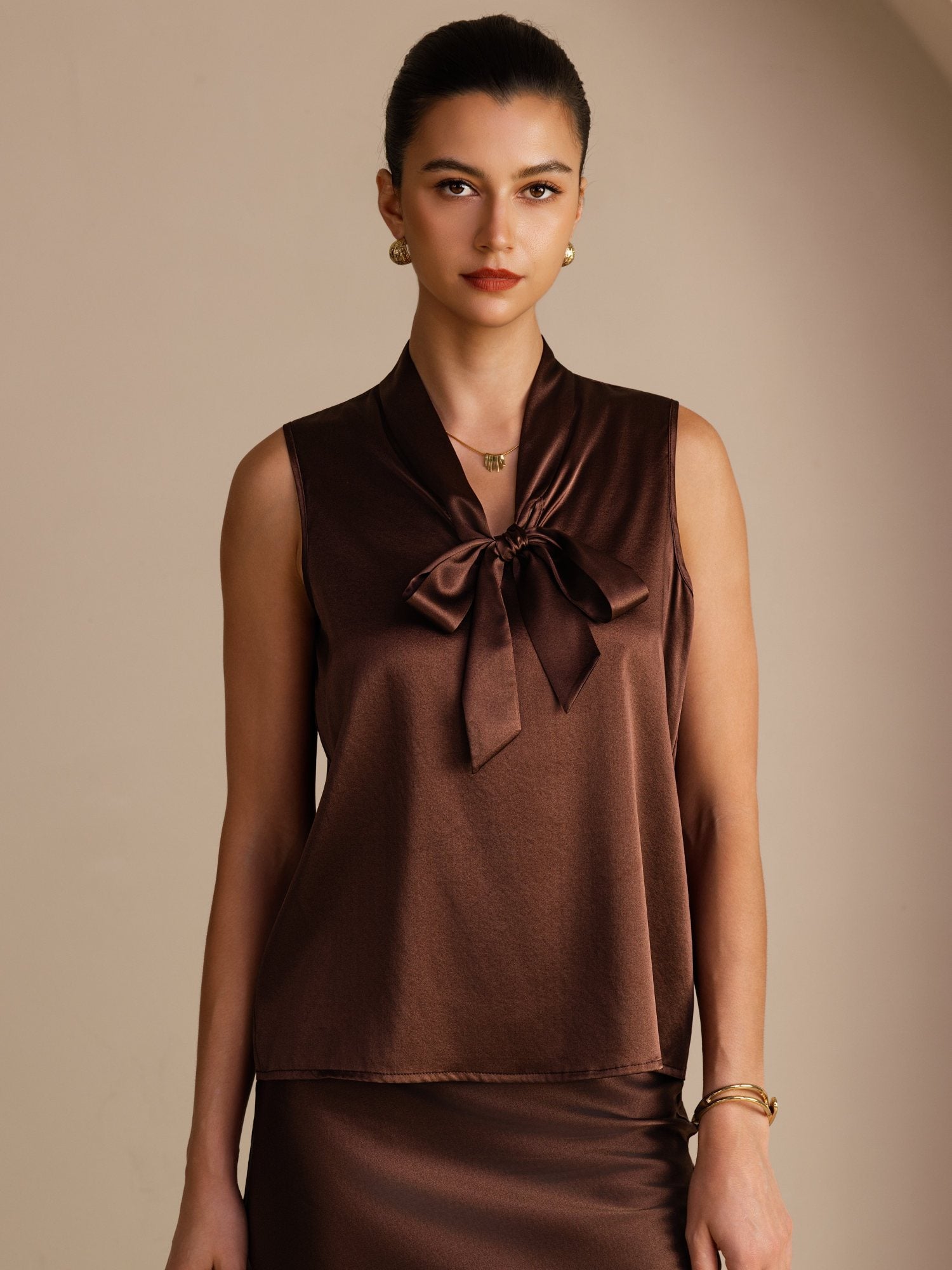 [Bitter Chocolate] SilkSilky-UK Sleeveless Tie Neck Camisole 001