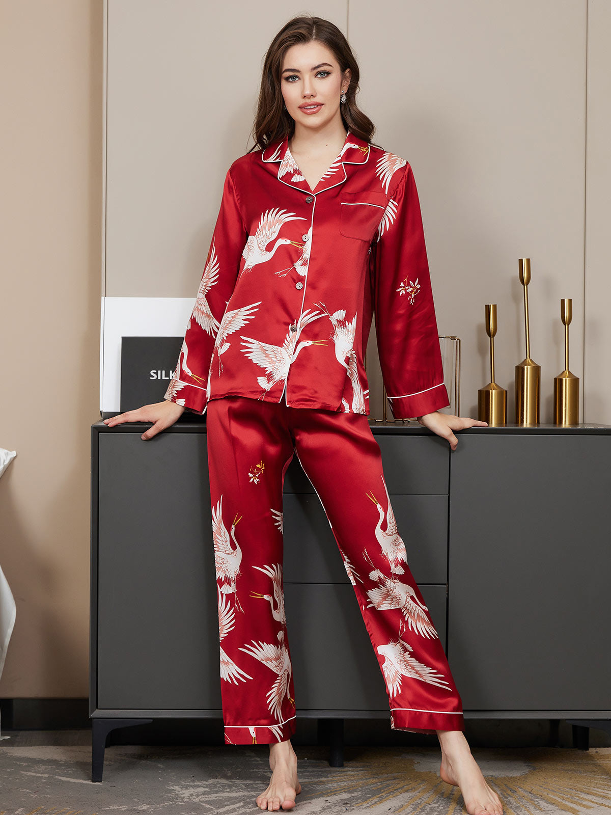 SilkSilky-UK 19Momme Pure Silk Long Sleeve Lapel Women's Pyjamas DarkRed 003