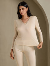 [Beige] SilkSilky-UK Long Sleeve V Neck Women's Long Johns 003