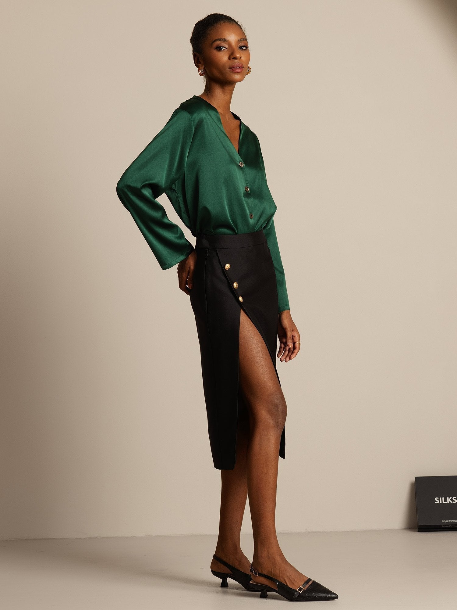 [Black] SilkSilky-UK 32Momme Silk-Wool Blend Split Skirt 005,