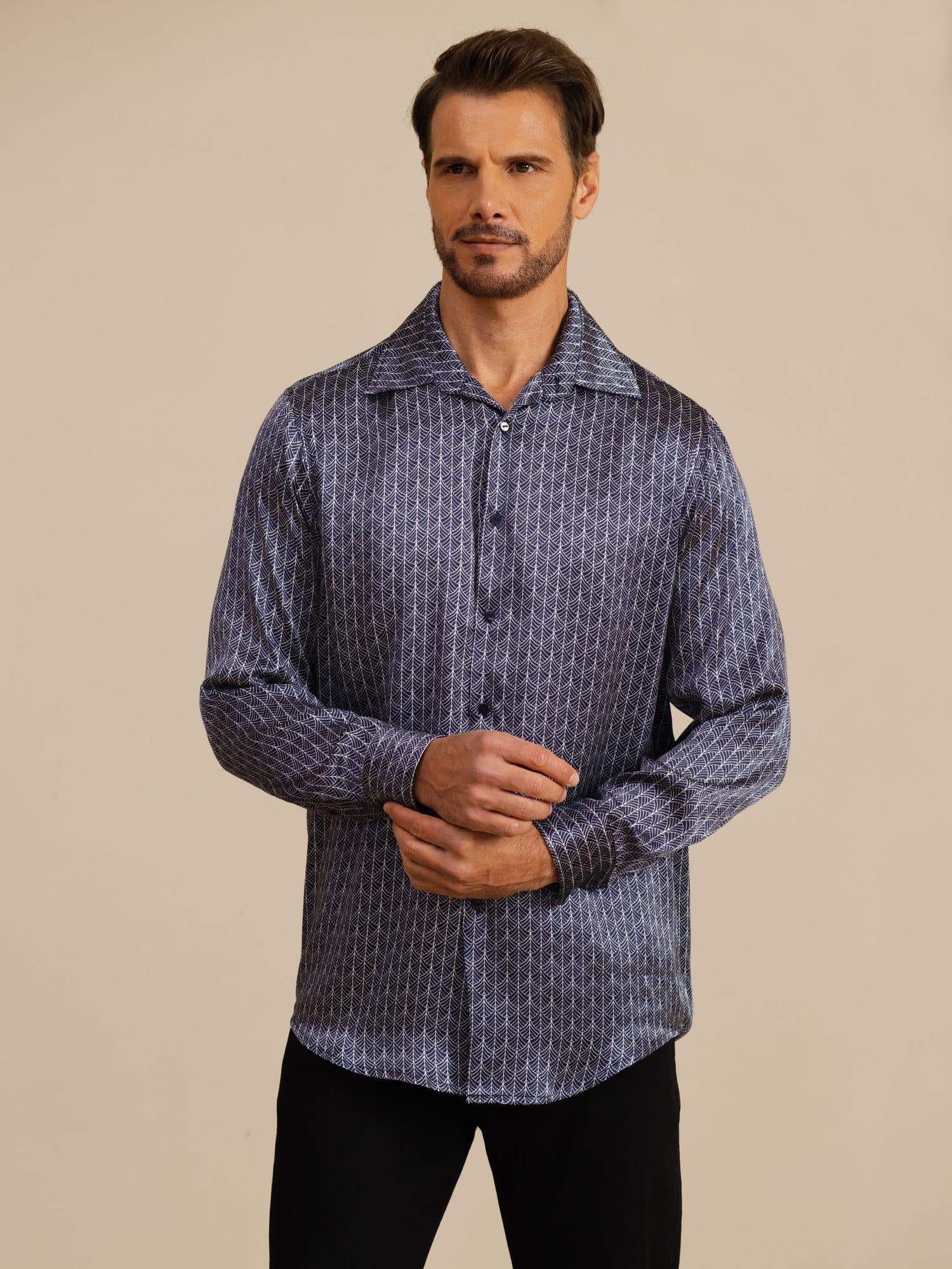 [Navy Ginkgo] SilkSilky-UK Long Sleeve Lapel Collar Men's Shirt 003