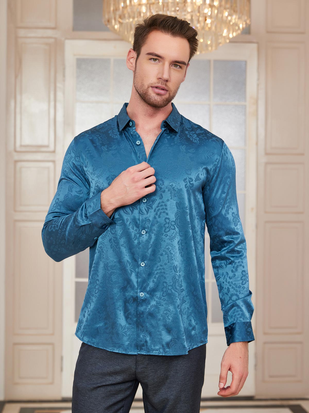 SilkSilky UK Silk Long Sleeve Collar Men's Shirt Teal 001