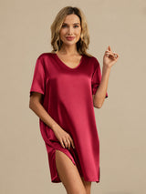 [Dark Red] SilkSilky-UK Half Sleeve V Neck Nightdress 001