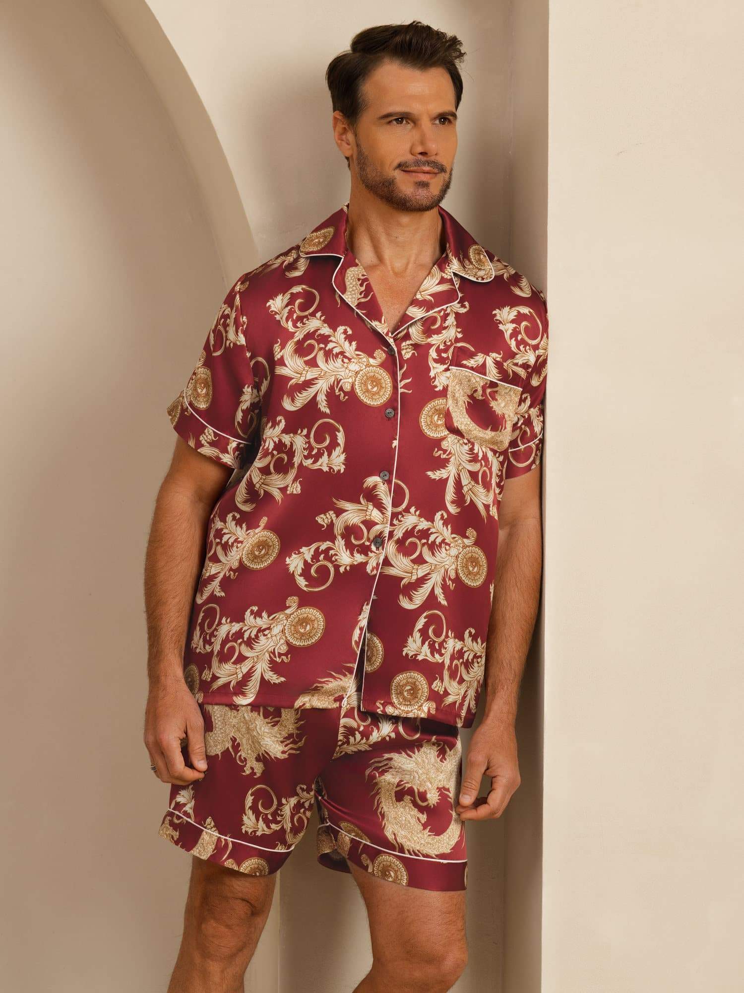 [Wine Dragon] SilkSilky-UK Short Sleeve Notch Collar Men's Pyjamas 001