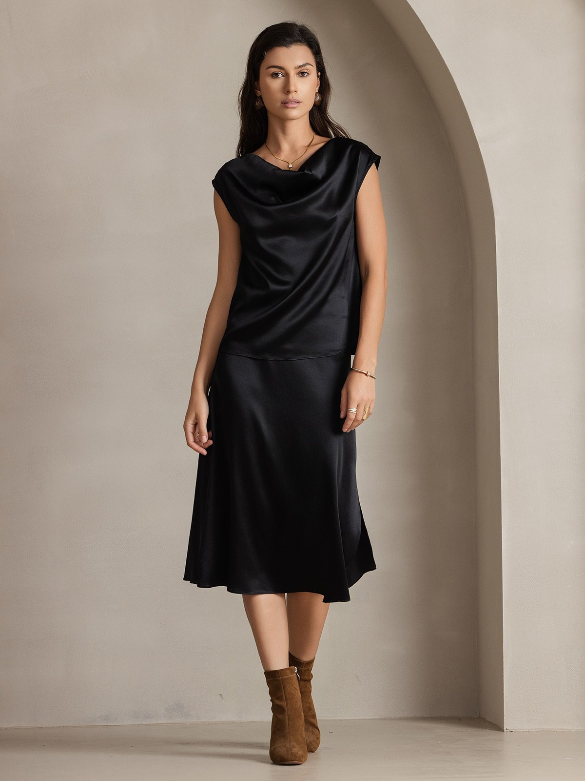 [Black] SilkSilky-UK 19Momme Silk Cap Sleeve Cowl Neck Women's T-Shirt 004