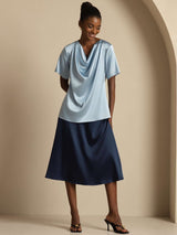 [Grayish Blue] SilkSilky-UK Short Sleeve Cowl Neck Women's Blouse 007