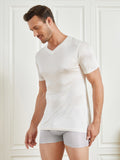 SilkSilky-UK Silk Knitted Short Sleeve V Neck Men's T-Shirt White 004