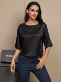 SilkSilky UK Pure Silk Half Sleeve Boat Neck Women's T Shirt Black 003