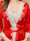 SilkSilky UK Pure Silk 3/4 Sleeve Nightgown&Robe Set Red 008