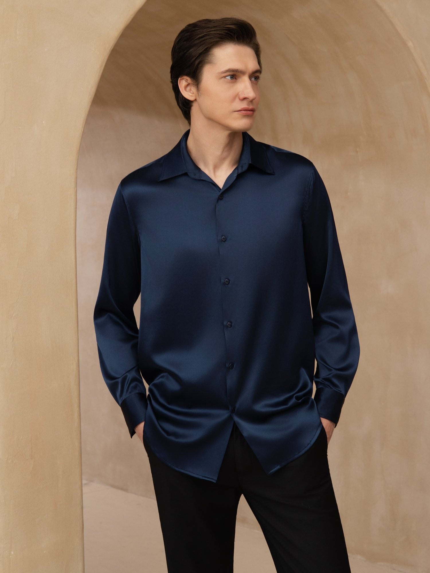 [Dark Blue] SilkSilky-UK 19Momme Stretch Silk Charmeuse Long Sleeve Lapel Collar Men's Shirt 003