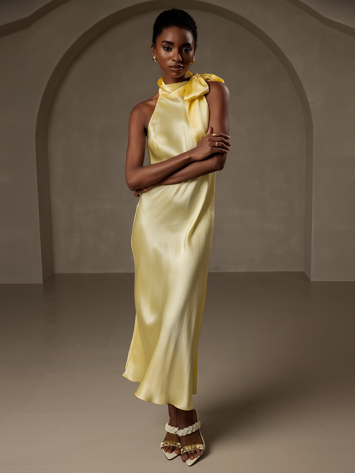 [Light Yellow] SilkSilky-UK 19Momme Silk Sleeveless Tie Neck Dress 007