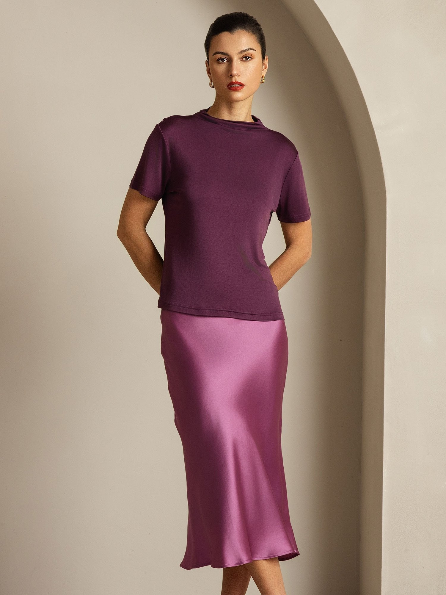 [Purple] SilkSilky-UK Pure Silk Collar Women's T-Shirt 008