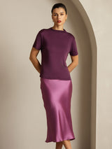 [Purple] SilkSilky-UK Silk Knitted Short Sleeve Mock Neck Women's T-Shirt 008