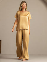 [Tan] SilkSilky-UK 19Momme Machine-Washable Silk Short Sleeve Women's Pyjamas 007