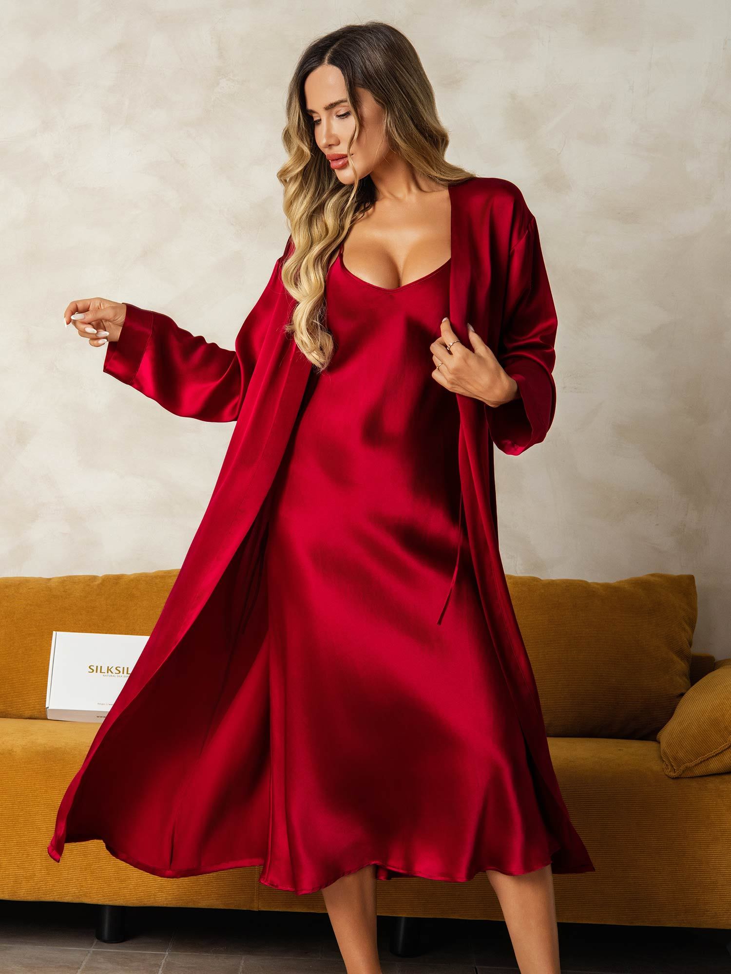 [Wine] SilkSilky-UK Long Sleeve V Neck Nightdress&Dressing gowns 009