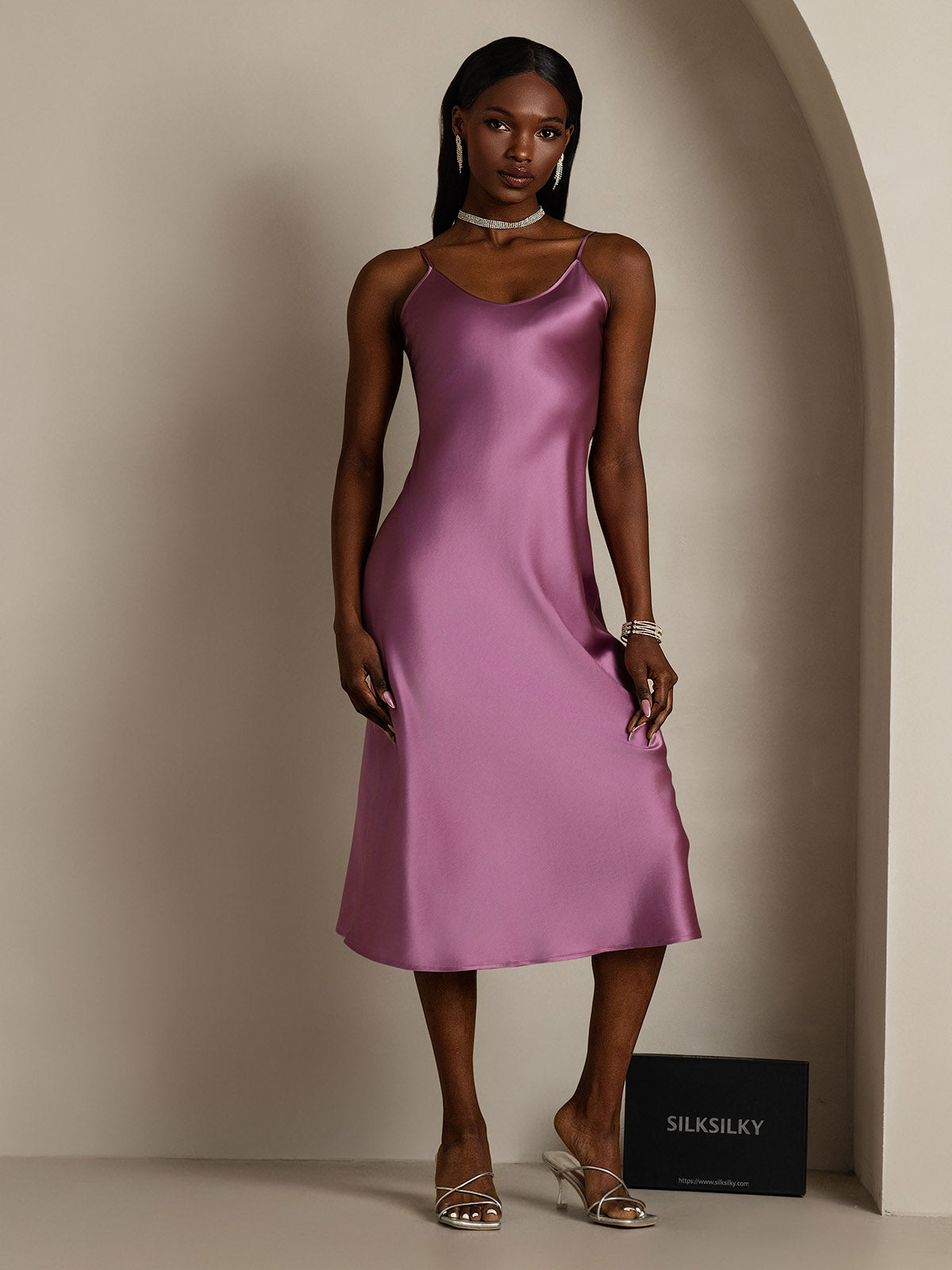 [Deep Purple] SilkSilky-UK Pure Silk Round Neck Dress 004