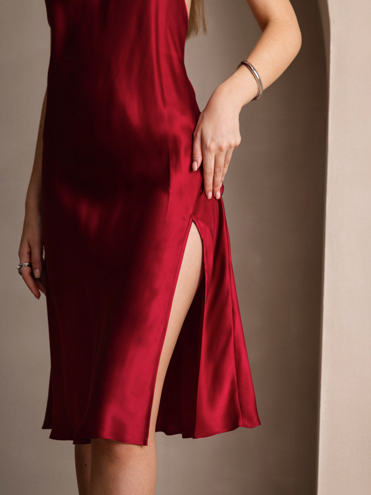 [Wine] SilkSilky-UK Pure Silk Round Neck Dress 004