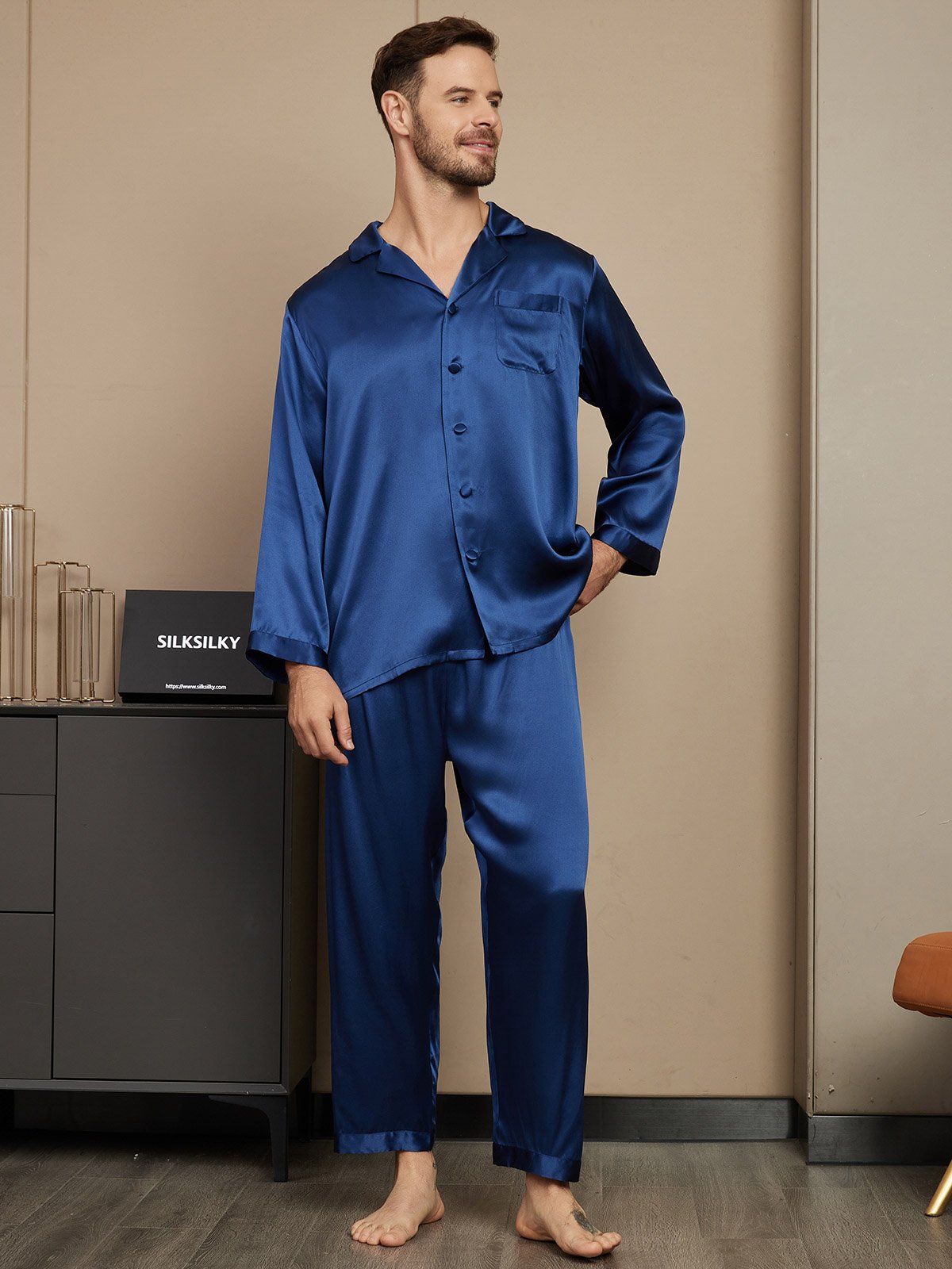 SilkSilky UK Pure Silk Long Sleeve Mens Pajamas DarkBlue 005